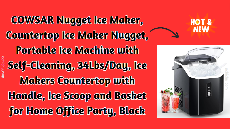 COWSAR Nugget Ice Maker, Countertop Ice Maker Nugget, Portable Ice Machine with Self-Cleaning, 34Lbs/Day, Ice Makers Countertop with Handle, Ice Scoop and Basket for Home Office Party, Black